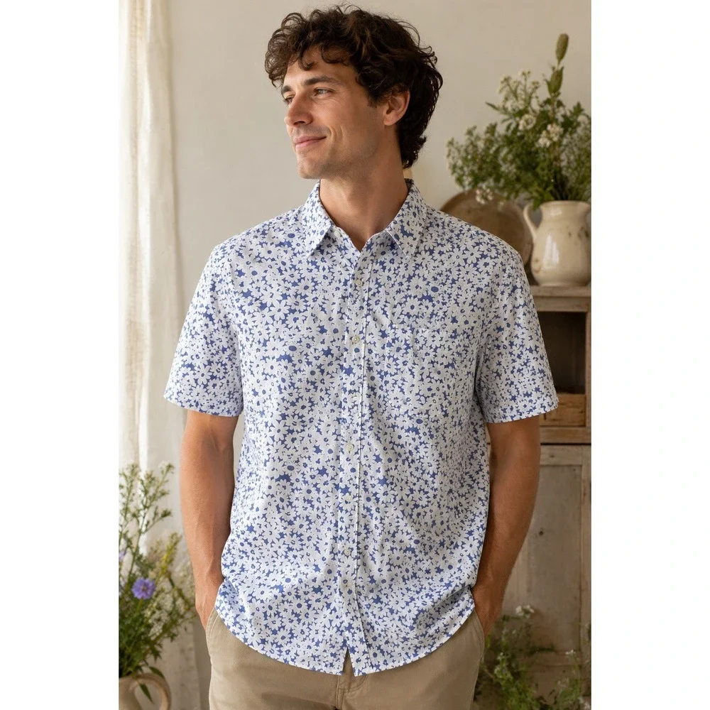 J Crew Classic Linen Blend Blue Floral Short Sleeve Shirt Mens M - Picture 2 of 11